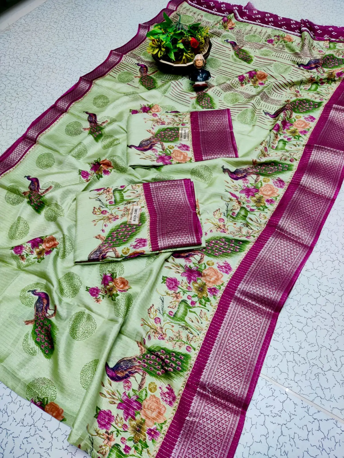 Peacock Garden Print Silver Zari Semi Silk Saree